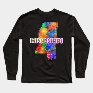 Colorful mandala art map of Mississippi with text in multicolor pattern Long Sleeve T-Shirt